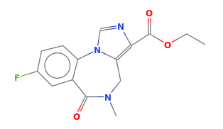 Line drawing of a chemical structure showing flumazenil, a bicyclic compound with a fluorine atom, ethyl ester group, and imidazole ring, indicating the molecular structure of a complex organic molecule.