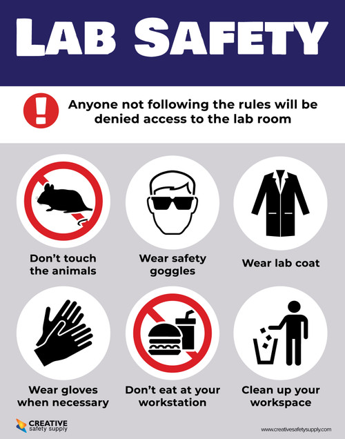 Lab safety poster with icons and tips: lab security related to flumazenil, don’t touch animals, wear safety goggles and a lab coat, wear gloves when necessary, don’t eat at your workstation, and always clean up your workspace.