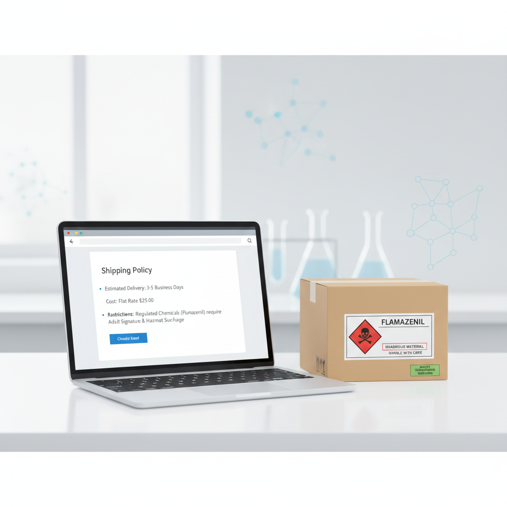 A laptop displaying a shipping policy sits next to a cardboard box labeled FLUMAZENIL with a hazardous materials symbol, in a lab setting with glassware and molecular diagrams in the background.