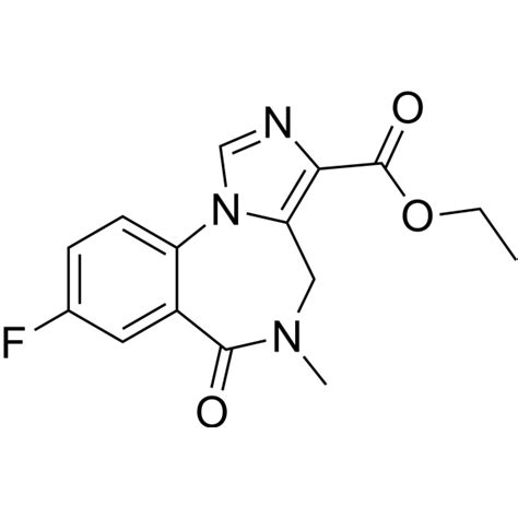 Line drawing of a chemical structure showing flumazenil, a bicyclic compound with a fluorine atom, ethyl ester group, and imidazole ring, indicating the molecular structure of a complex organic molecule.