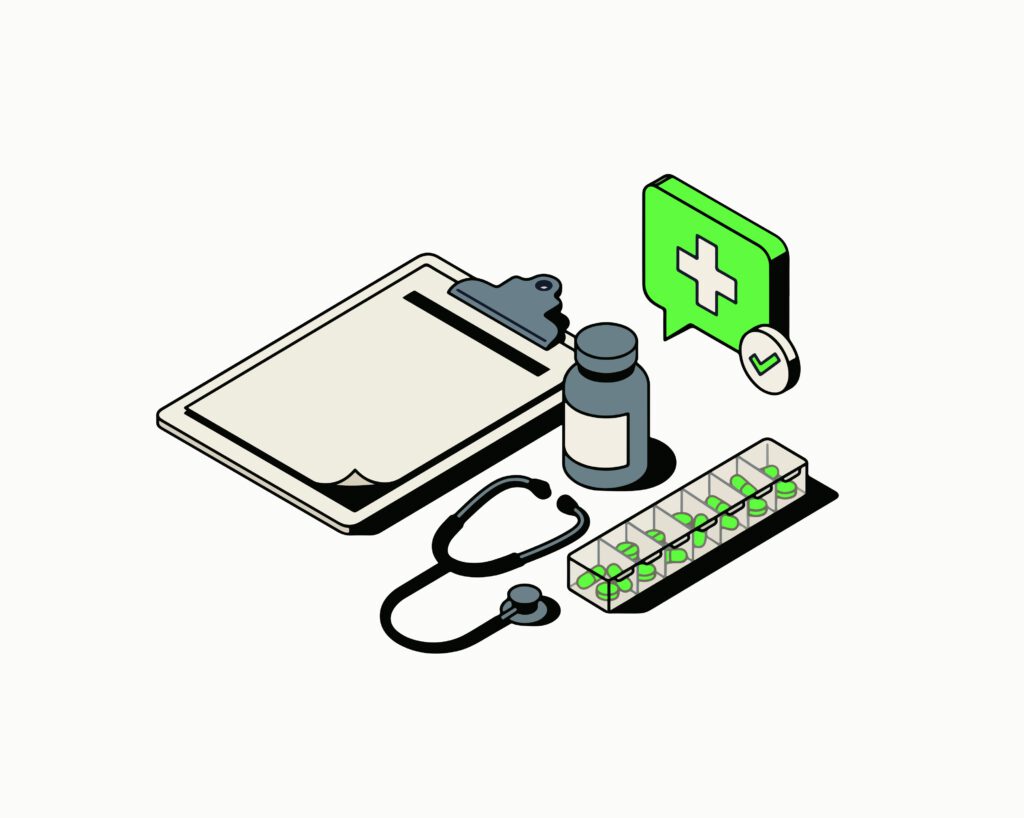 Healthcare illustration showing medication, a prescription bottle, stethoscope, pill organizer, and medical support icon.