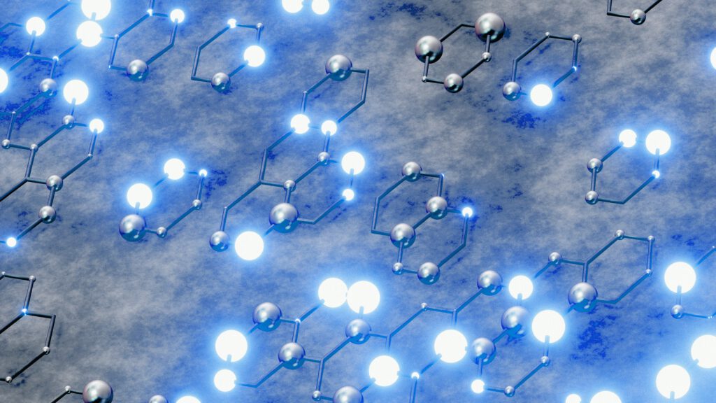 Abstract microscopic-style pattern representing scientific and molecular research.