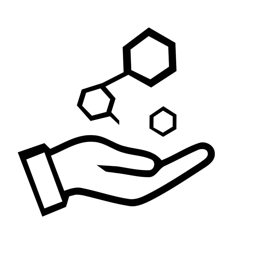 Hand holding chemical molecule symbols representing drug compounds.