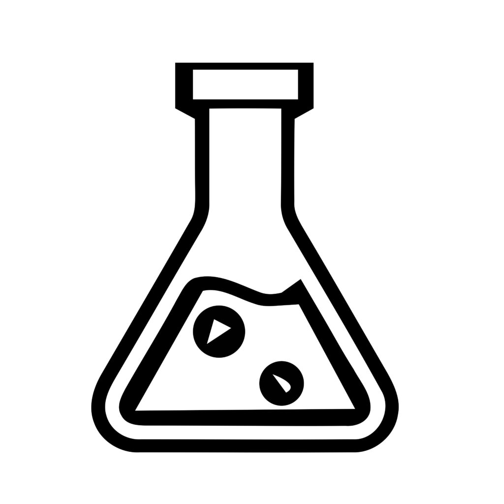 Laboratory flask with chemical symbols representing scientific research.
