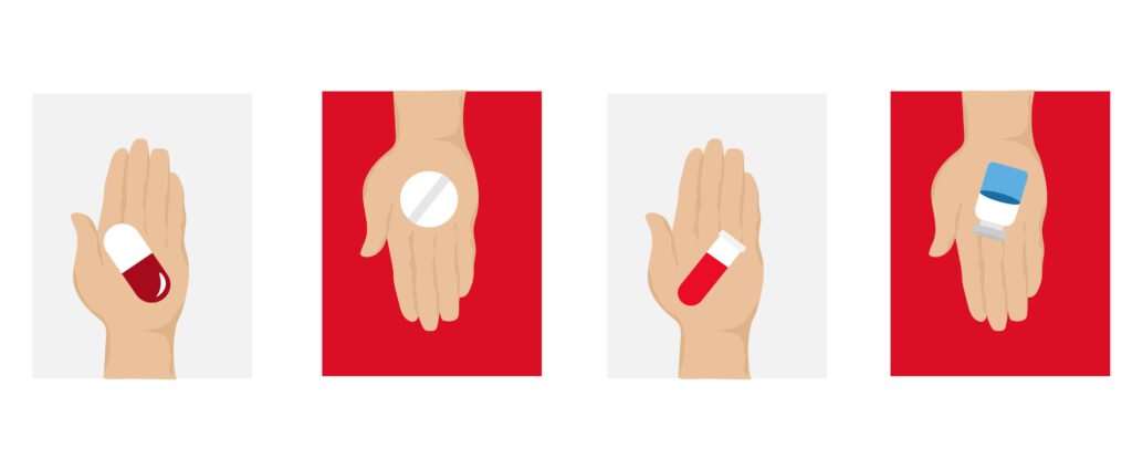 Illustration showing hands with medical patches representing treatment or medication use.